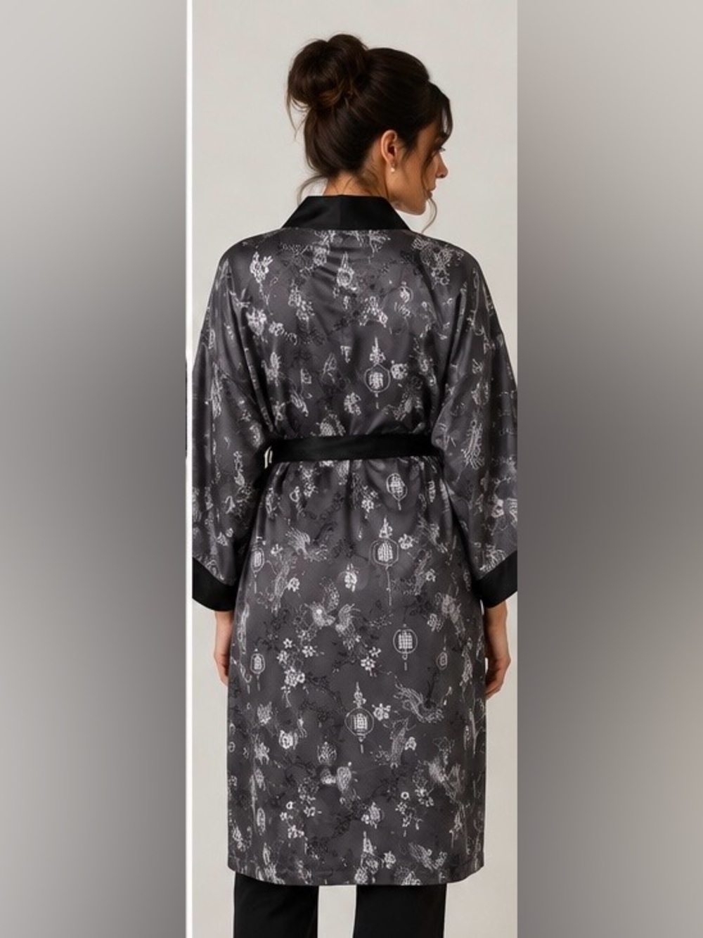 Floral Dragon Kimono Reversible Robe Embroidered Black Satin Asian Belted - Picture 2 of 10